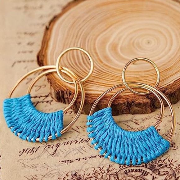 Turquoise Blue Woven Raffia Gold Hoop Earrings Wicker Hoops Links Post Vacay New - Picture 2 of 5